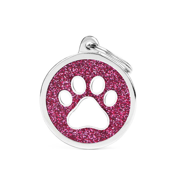 MyFamily Shine Big Pink Glitter Circle White Paw ID Tag