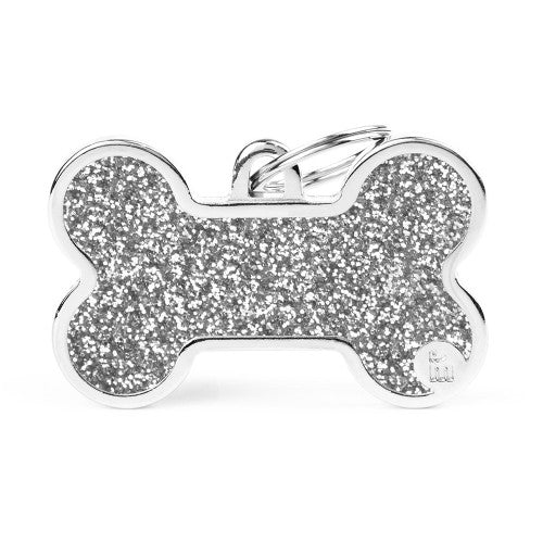 MyFamily Shine XL Grey Glitter Bone ID Tag